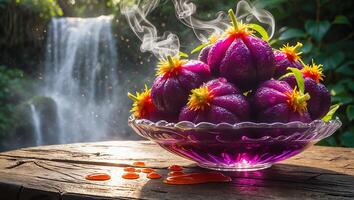 Purple Fruit Still Life with Waterfall Background on Rustic Table photo