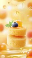 Pancakes drizzled with honey, topped with berries and mint, floating, used for menu photo