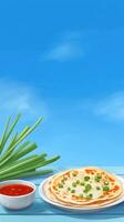 Pancake stack with sauce, green onions served outside on a blue table, with a blue sky background photo
