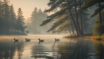 Ducks Swimming on Calm Lake Water with Misty Forest Backdrop photo