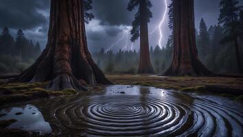 Giant Trees at Storm Reflecting Lightning in Rippled Water Puddle photo