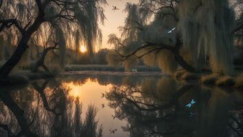 Tranquil Pond with Weeping Willows and Golden Sunset Reflection photo