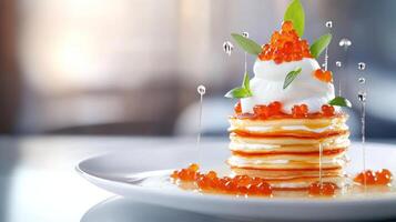 Pancakes topped with cream, red caviar and basil on a white plate, abstract background. Food use photo