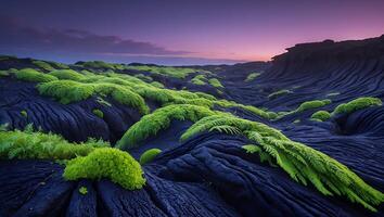 Moss Covered Lava Field Landscape with Purple Sky at Dusk photo