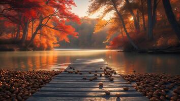 Wooden Dock Extends Over Calm Lake Water Surrounded by Autumnal Trees photo