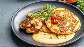 Pancakes with sauce and side dish being served on black plate with spices in background photo