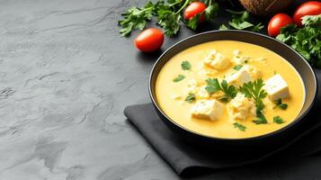 Paneer butter masala curry served, on black table with fresh herbs. Possible use food blog photo