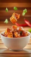 Paneer cubes in a bowl with cilantro garnish floating, chilies. Culinary shot photo