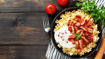 Pasta with bacon and cream on wooden table. Tomatoes, parsley and towel add detail photo