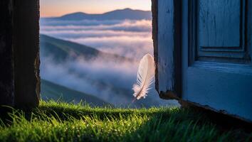 Feather by Open Door Overlooking Foggy Mountain Vista at Sunrise photo