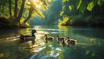 Ducks Swiming Calm River Surrounded Lush Green Forest Sunlight Beaming photo