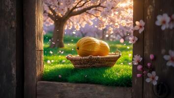 Gourd in Basket Among Blossoms on Grass in Golden Light photo