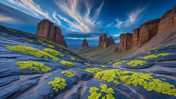Scenic Desert Landscape with Mossy Rocks and Dramatic Sky photo