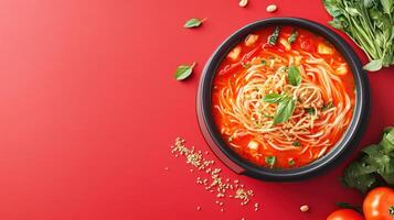 Pasta with tomato sauce and basil, flatlay on red. Food photography for a cookbook photo