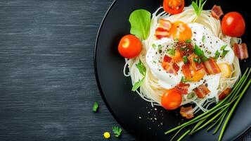 Pasta with poached egg and bacon. Close up, food concept, home made cooking, delicious meal photo