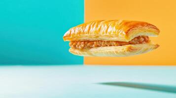 Pastry floating in bright studio setting, food presentation, recipe, promotion, or menu illustration photo