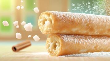 Pastry tubes sit on a table while powdered sugar and diced coconut fall around them photo