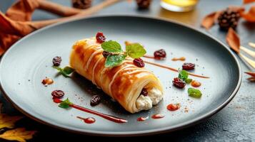Pastry roll on plate, caramel drizzle, autumn setting. Use for restaurant menu or food blog promotion photo