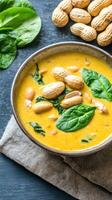 Peanut soup with spinach on a table. Garnish and napkin. Close up. Possible recipe image photo