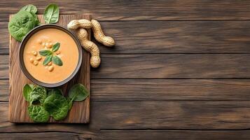 Peanut soup with spinach on wood for cookbook or recipe blog. Recipe in background photo