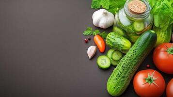 Pickled cucumbers and tomatoes with herbs on table, copy space for product photo