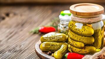 Pickles in a jar with peppers on a wooden surface, rustic style, food photography, healthy photo
