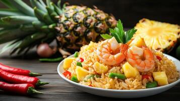 Pineapple fried rice with shrimp displayed on a dark wooden table with fruit in background photo