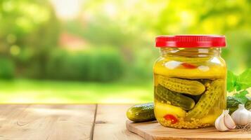 Pickles in glass jar on wooden table with blurred green background. Preserved vegetables photo
