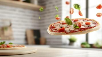 Pizza levitating over wood in the kitchen with tomatoes and basil falling. Culinary use photo