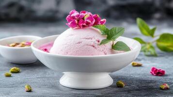 Pink ice cream with flowers, in a white bowl on gray, against a muted background. Possible food blog use photo