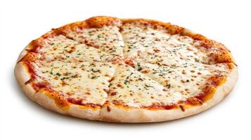Pizza with mozzarella cheese cut into slices for delivery, on a white background photo