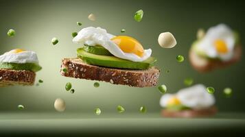 Poached egg with avocado on toast floating with peas, breakfast or lunch concept photo