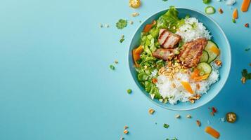 beef bowl with rice and veggies, on blue background. Delicious meal for restaurant menu ads photo