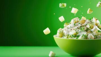 Potato salad tossed with cream sauce on green surface, ideal for promoting picnic recipes photo