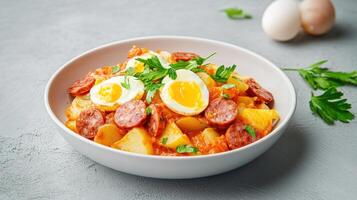 Potato salad with sausage, eggs, parsley, and tomato sauce served in a bowl on a gray surface photo
