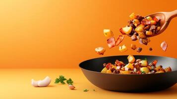 Potatoes and bacon being poured into a bowl from a wooden spoon, on orange background. For menus photo