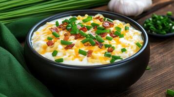 Potato soup with cheese, chives and bacon bits in a bowl for a warm lunch on wooden table photo