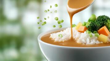 Pouring sauce over rice and veggies in a bowl with green background for menu photo