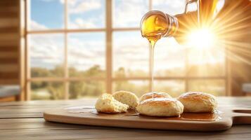 Pouring syrup on pancakes near window. Breakfast on wood board. Sunny background. For cookbook photo