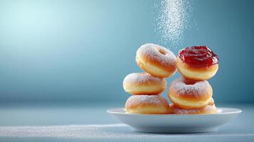 Powdered sugar falling on donuts on a plate food photography for cookbook illustration photo