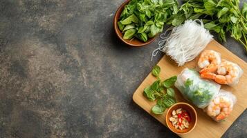 Preparing spring rolls with shrimp and herbs on a wooden board with brown background photo