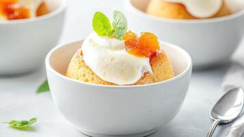 Pudding with cream topping and mint leaf in a bowl on a table for dessert presentation photo