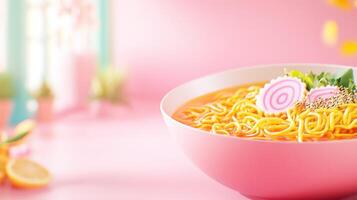 Ramen bowl with garnish on pink backdrop. Cozy scene for food advertisement photo