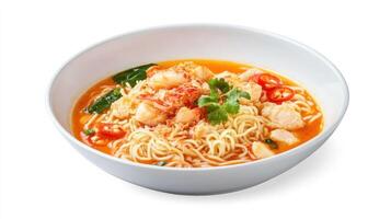 Ramen with Shrimp and Chicken in Bowl, Hot Pepper and Herbs on Top, Isolated Background for Restaurant photo
