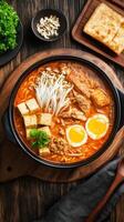 Ramen bowl with tofu, egg, and meat on wooden board. Overhead view, warm light, rustic feel, and a meal concept photo