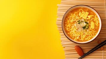 Ramen served in a bowl on a yellow table, for menu or advertisement. Background is blurred photo