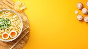 Ramen with egg and scallions on a table in bright background, for a food blog or menu design photo