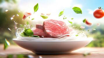 Raw beef on noodles being prepared outdoors, with tomatoes and basil, for food presentation or menu photo