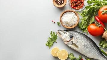 Raw fish with vegetables and spices displayed on a flat surface, for cooking preparation photo