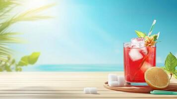 Red cocktail with ice near lemon on a beach with palm trees and the ocean in the background photo